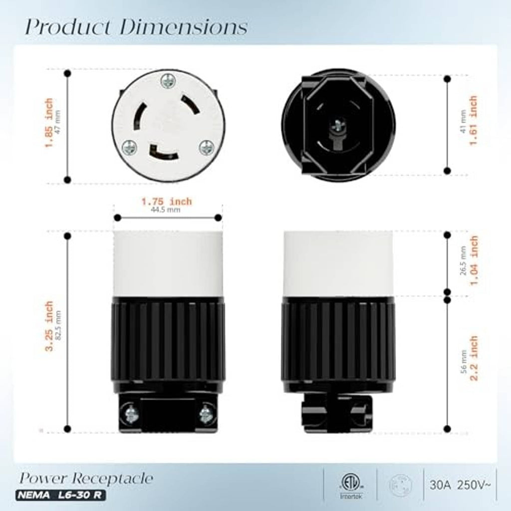 NEMA L6-30R locking plug receptacle dimension diagram with front and side views