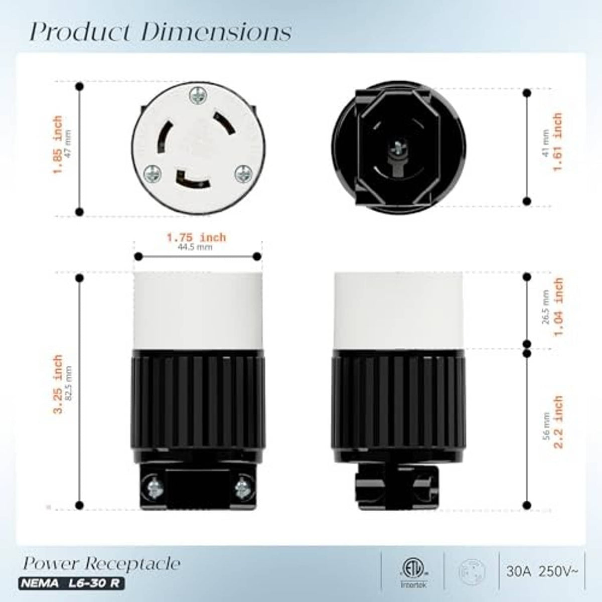 NEMA L6-30R locking plug receptacle dimension diagram with front and side views