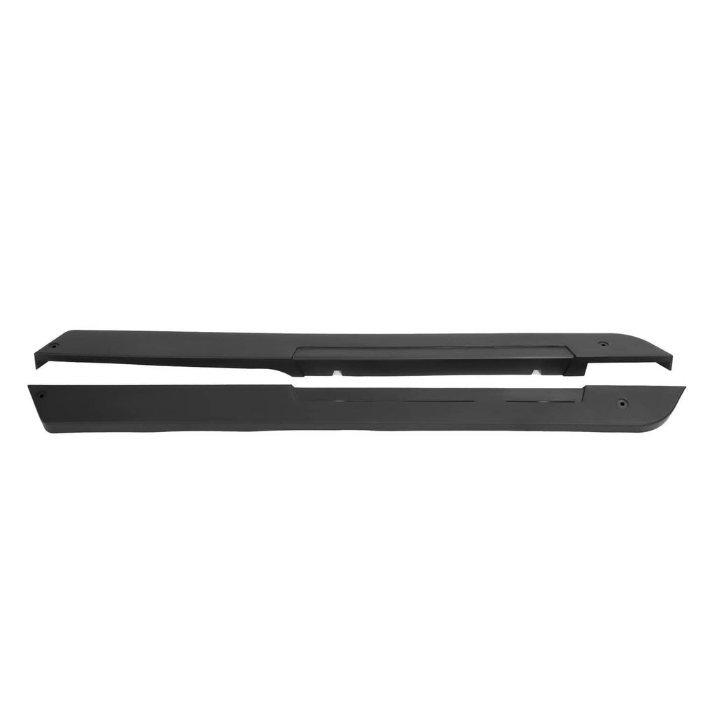 Black driver and passenger side rocker panels with predrilled mounting points.