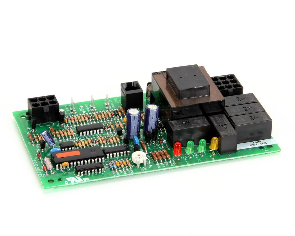Green PCB control board with relay blocks, ICs, and small green indicator LEDs