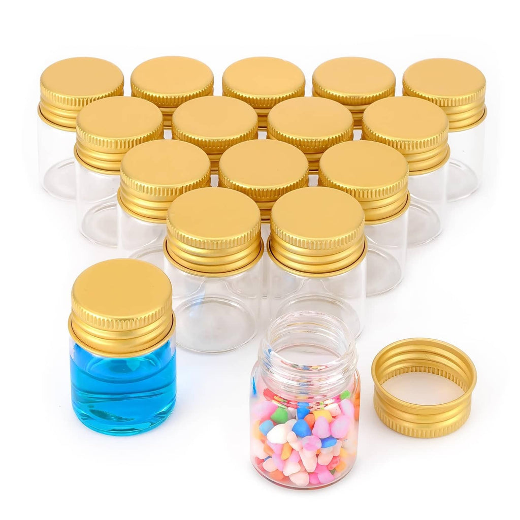 Set of small clear glass sample vials with gold screw caps, some filled with blue liquid