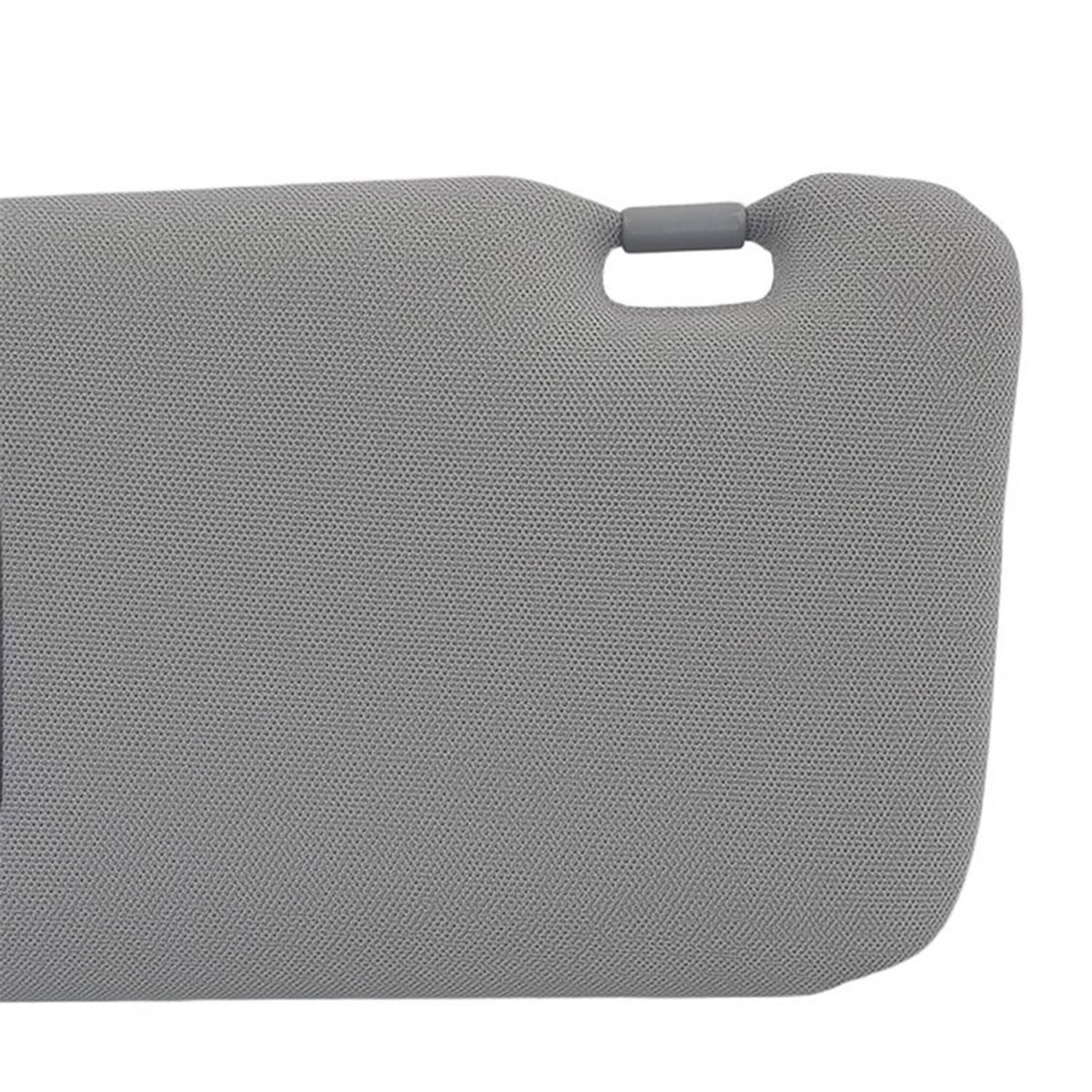 Gray sun visor end cap with pull tab on textured fabric surface