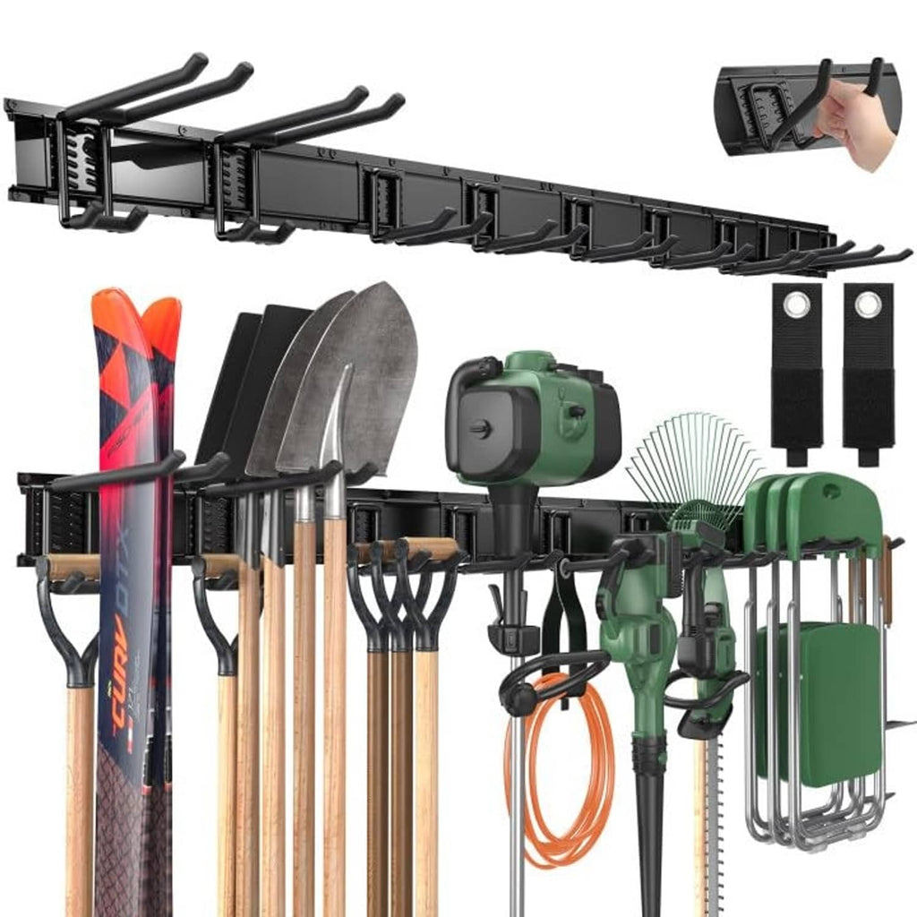 Black 66-inch wall-mount tool organizer rack with side handle holders and curved hooks