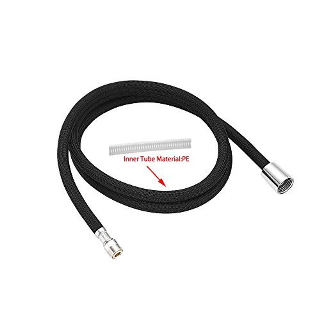 Black braided pull-down hose with inner PE tube and metal connector ends.