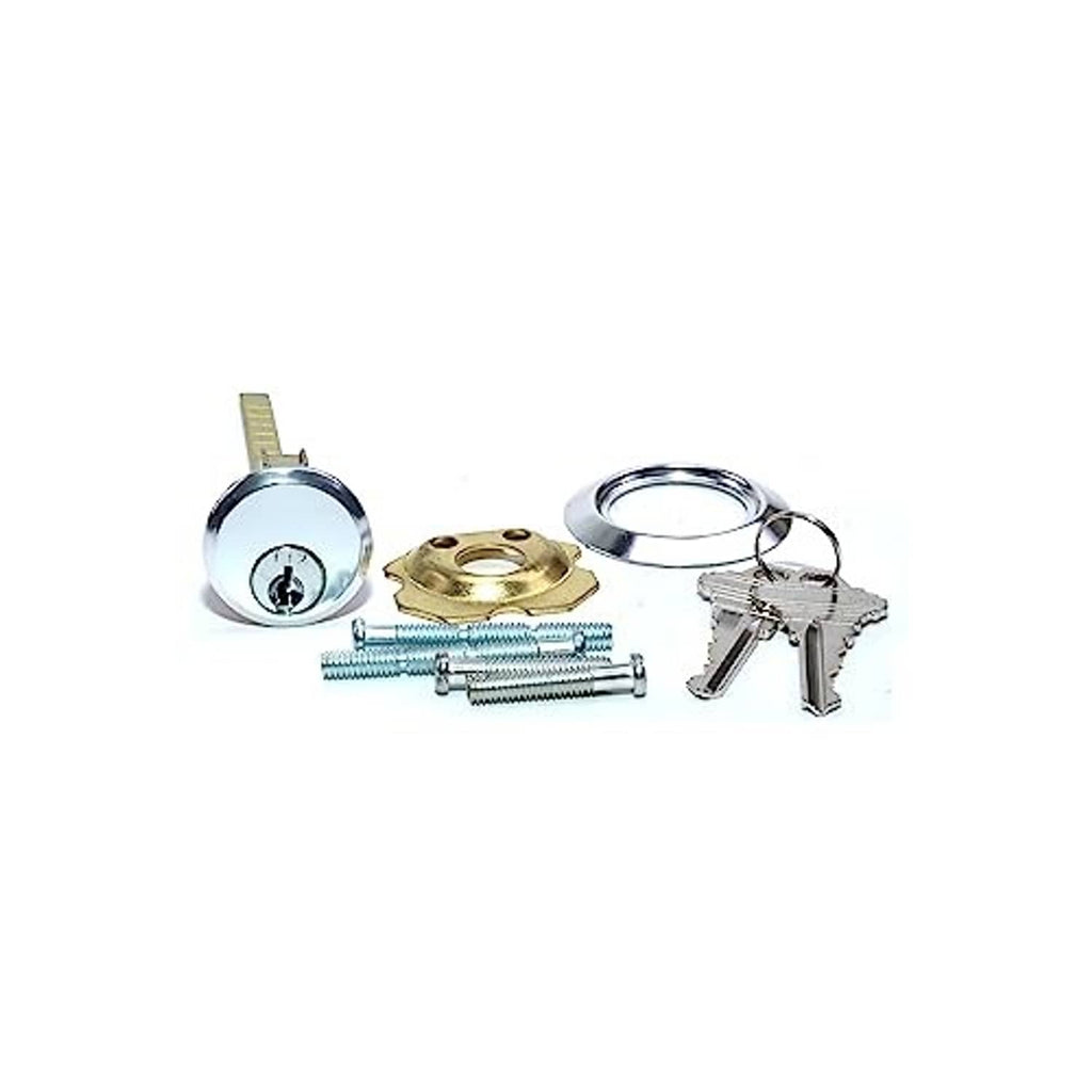 Lock cylinder kit set with chrome cylinder, two keys, brass parts, and mounting screws