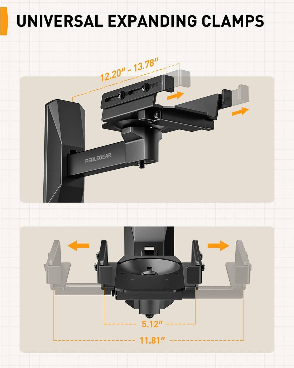 Black universal expanding clamp speaker wall mount bracket with side jaws