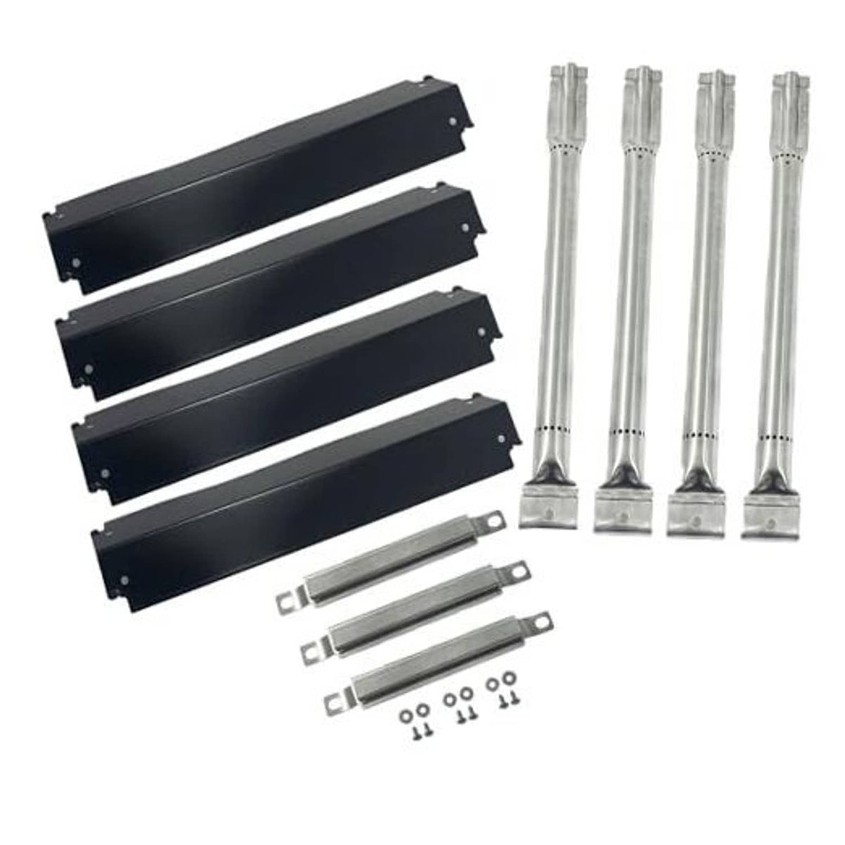 Gas grill parts kit: black heat plates, stainless burners, mounting hardware