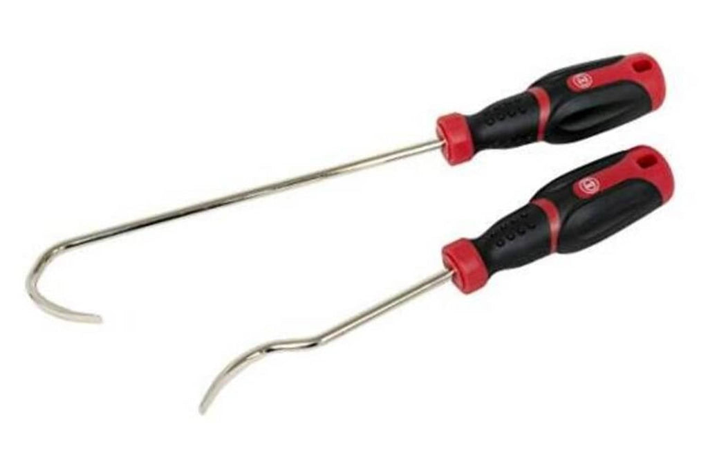 Set of 2 radiator hose spoon tools with long metal hooks and red-black grips