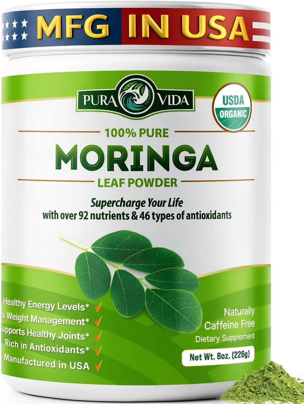 Moringa leaf powder jar with green label and moringa leaves, manufactured in USA