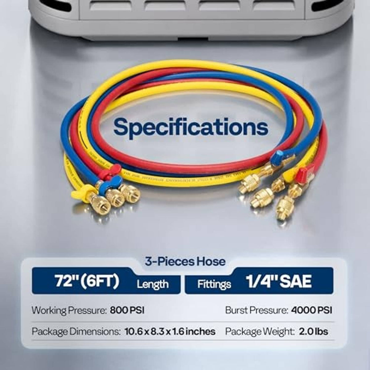 3-piece HVAC refrigerant charging hoses with compact ball valve, color-coded ends