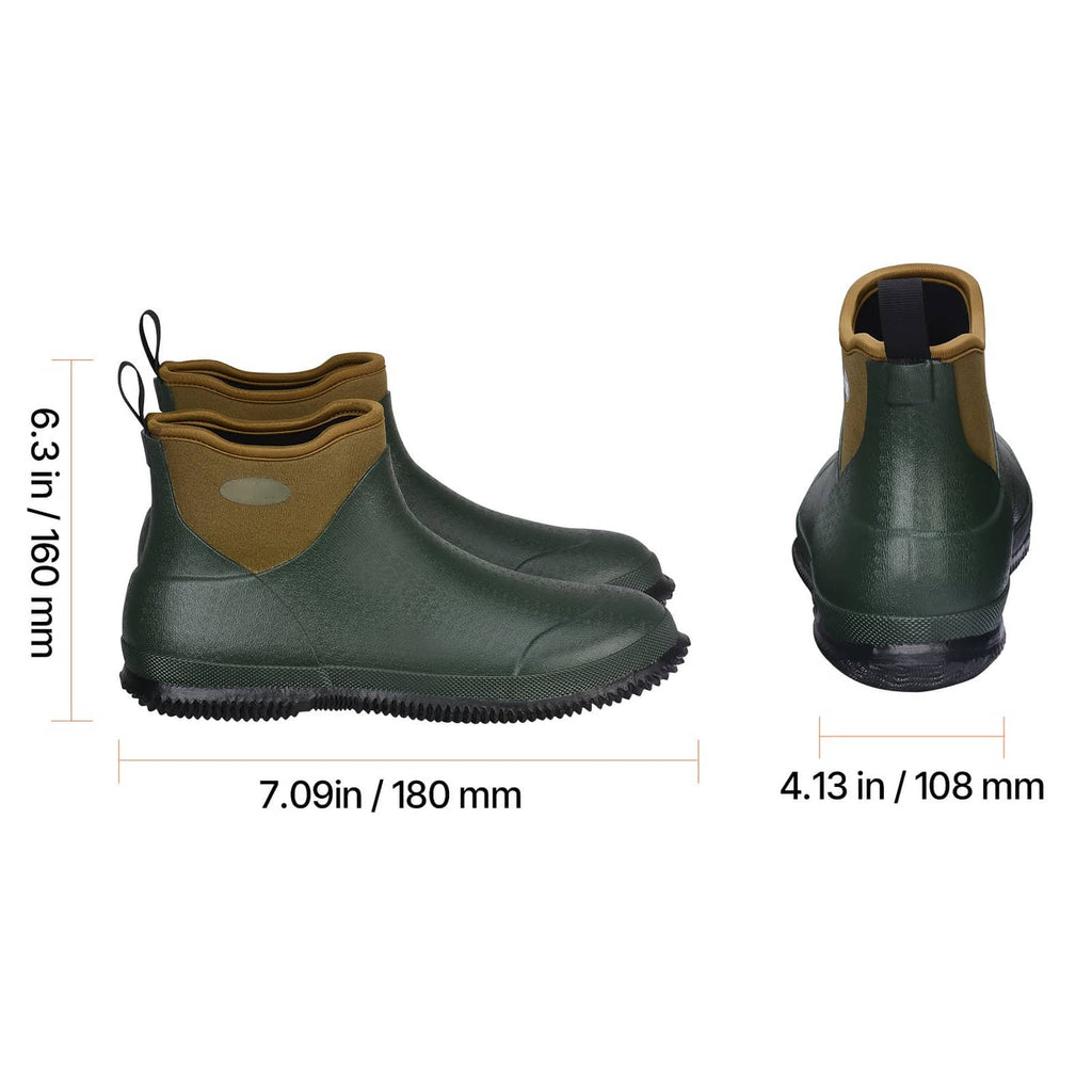 Green ankle deck boots shown with measurements, tan collar lining and grippy sole