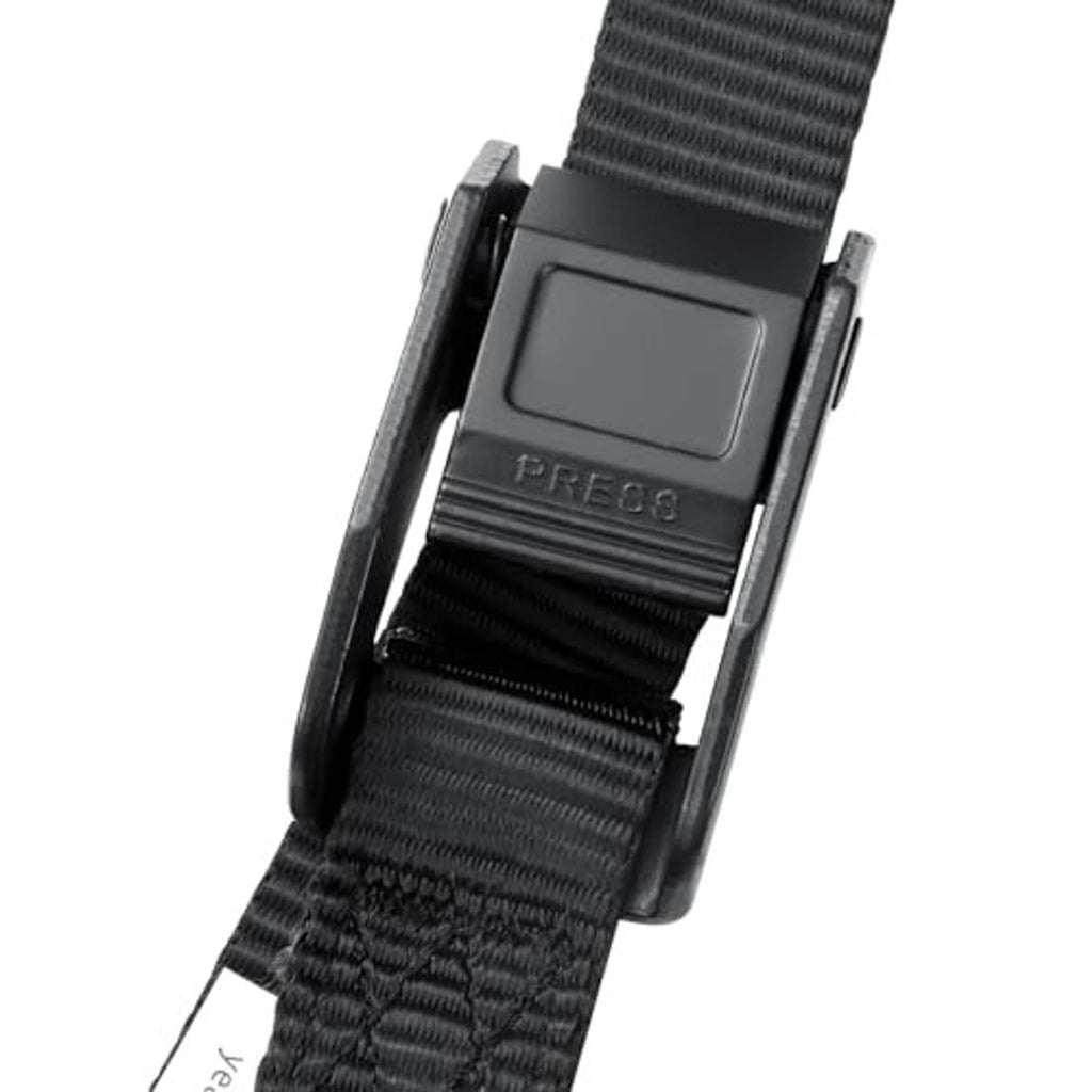 Black treestand strap buckle clamp with ribbed webbing (close-up)
