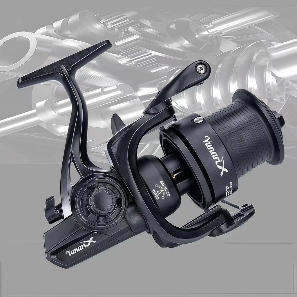Black spinning fishing reel with long handle and front spool housing