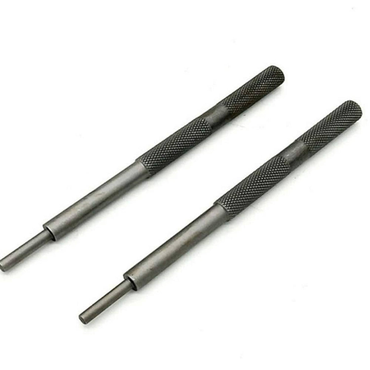 Pair of engine valve guide remover tools with knurled grips and pointed tips