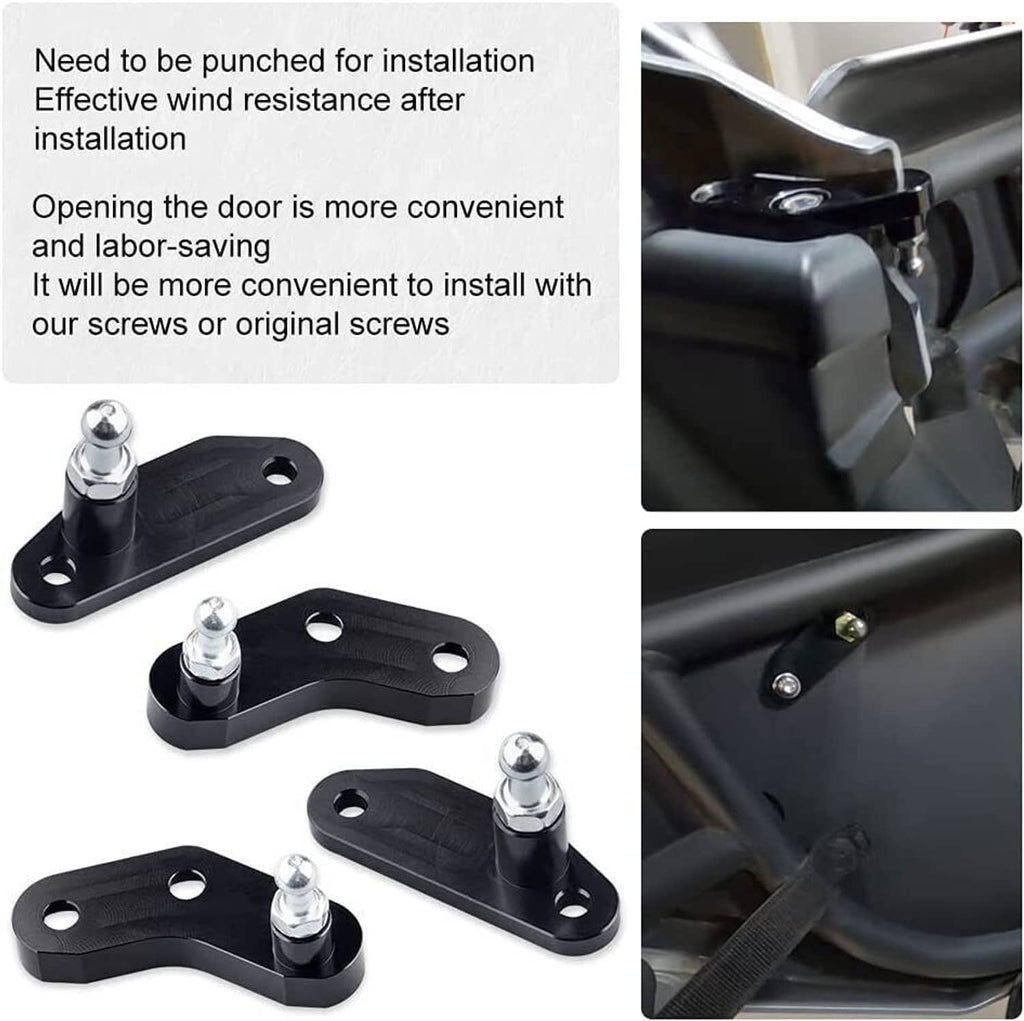 Black mounting brackets with chrome studs for door opening strut installation