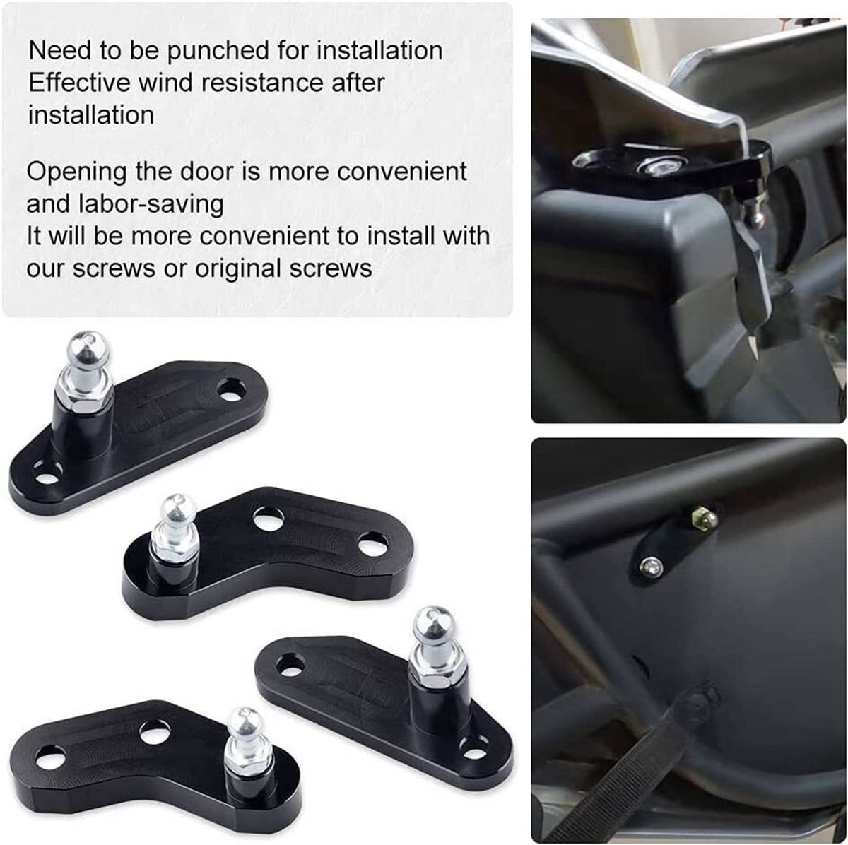 Black mounting brackets with chrome studs for door opening strut installation