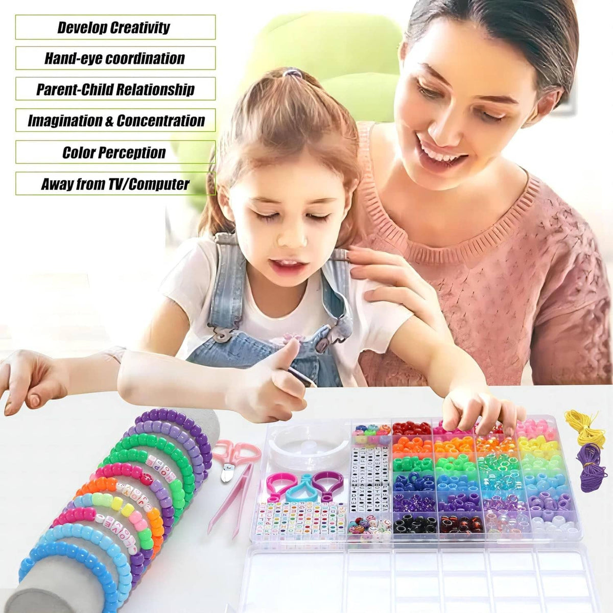 Pony bead bracelet making kit with colorful beads, thread, and stringing tools