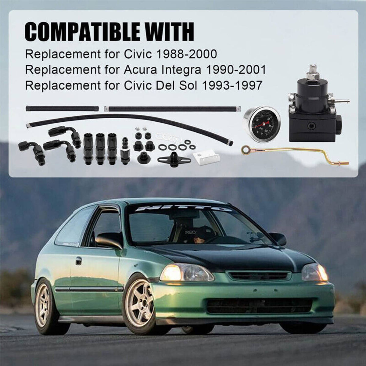 Fuel line system kit set with regulator, gauge, hoses, and black fuel line fittings