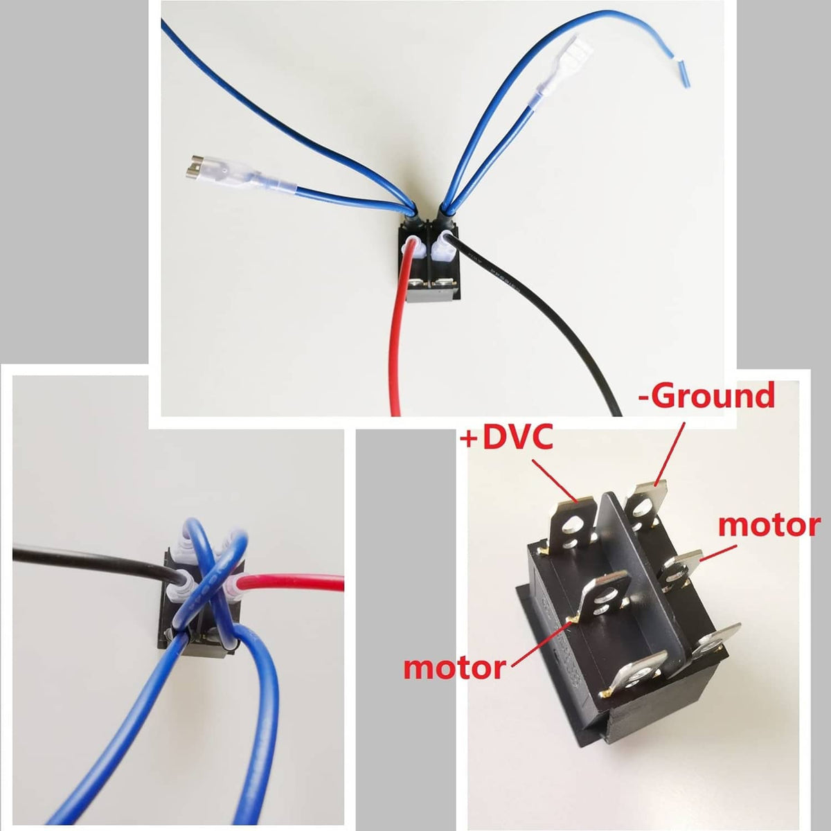 Rocker switch with attached wire bundle, showing +DVC and ground terminal connections