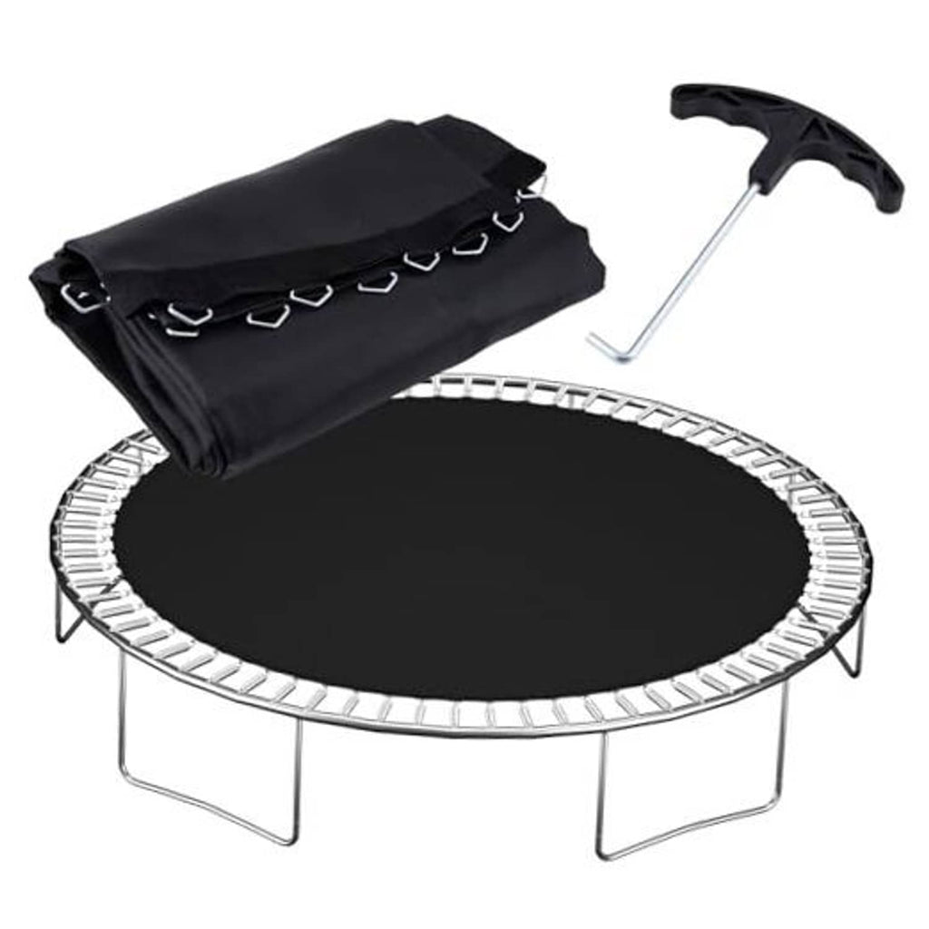 Black round trampoline replacement mat with spring hooks and folded storage bag