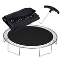 Black round trampoline replacement mat with spring hooks and folded storage bag