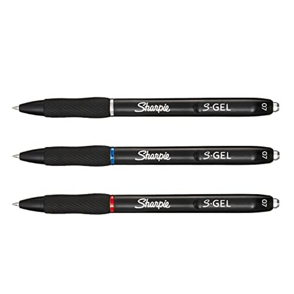 Three Sharpie S-Gel gel pens with colored accent rings, 0.7 mm medium point