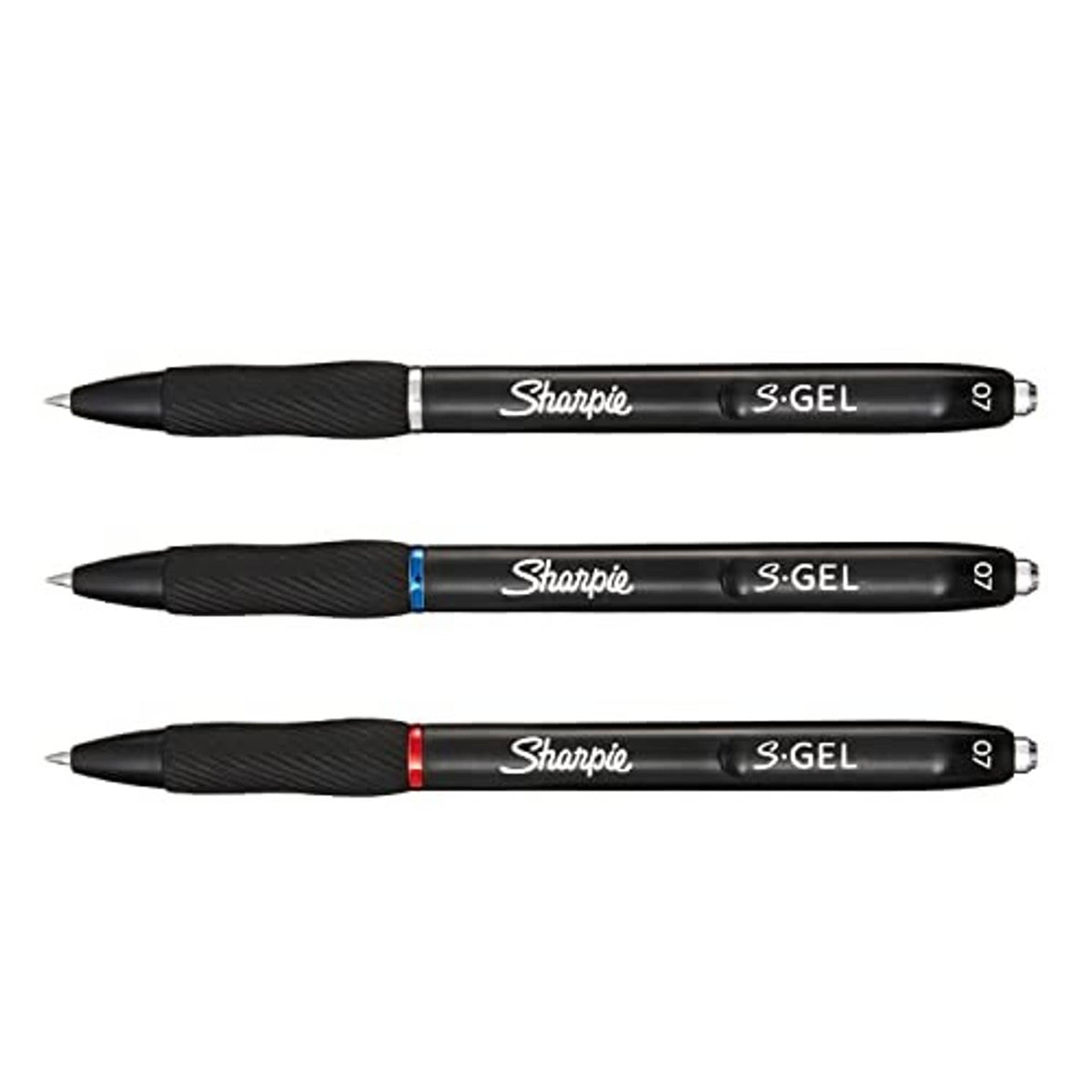 Three Sharpie S-Gel gel pens with colored accent rings, 0.7 mm medium point