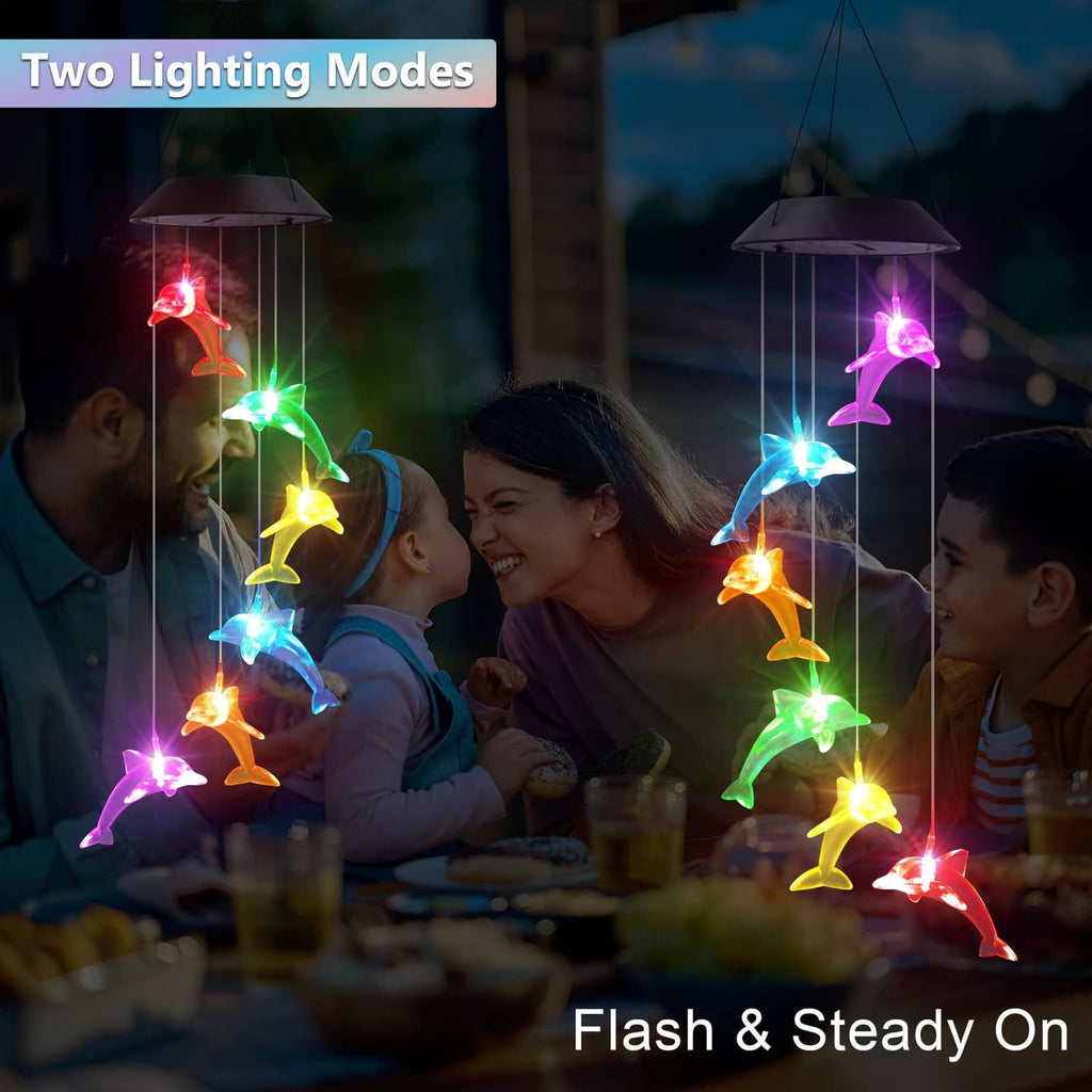 Two-mode solar dolphin wind chime lights with multicolor LED glow