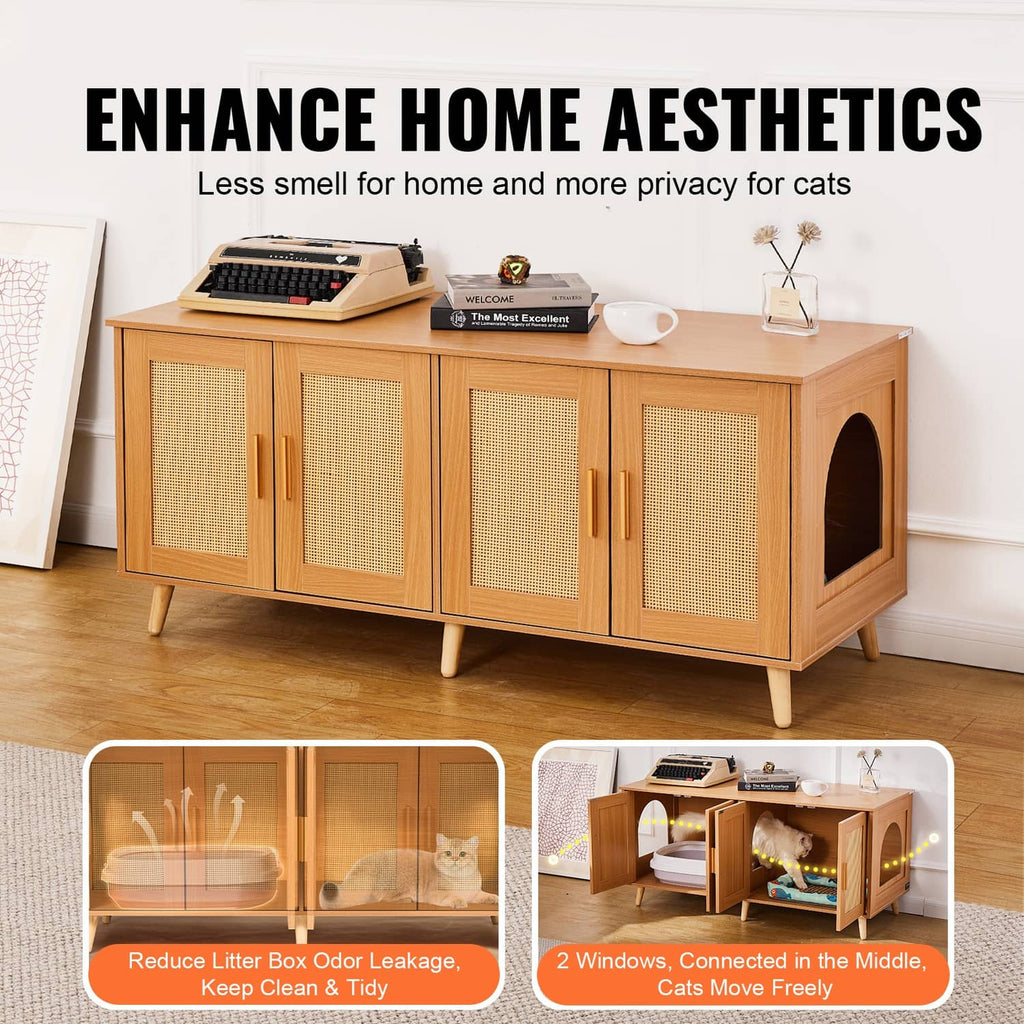 Wooden litter box enclosure with four mesh doors and side arched opening