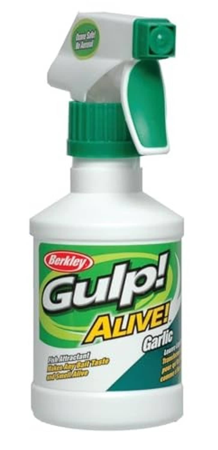 Berkley Gulp! Alive!® garlic attractant spray bottle, green trigger on white body