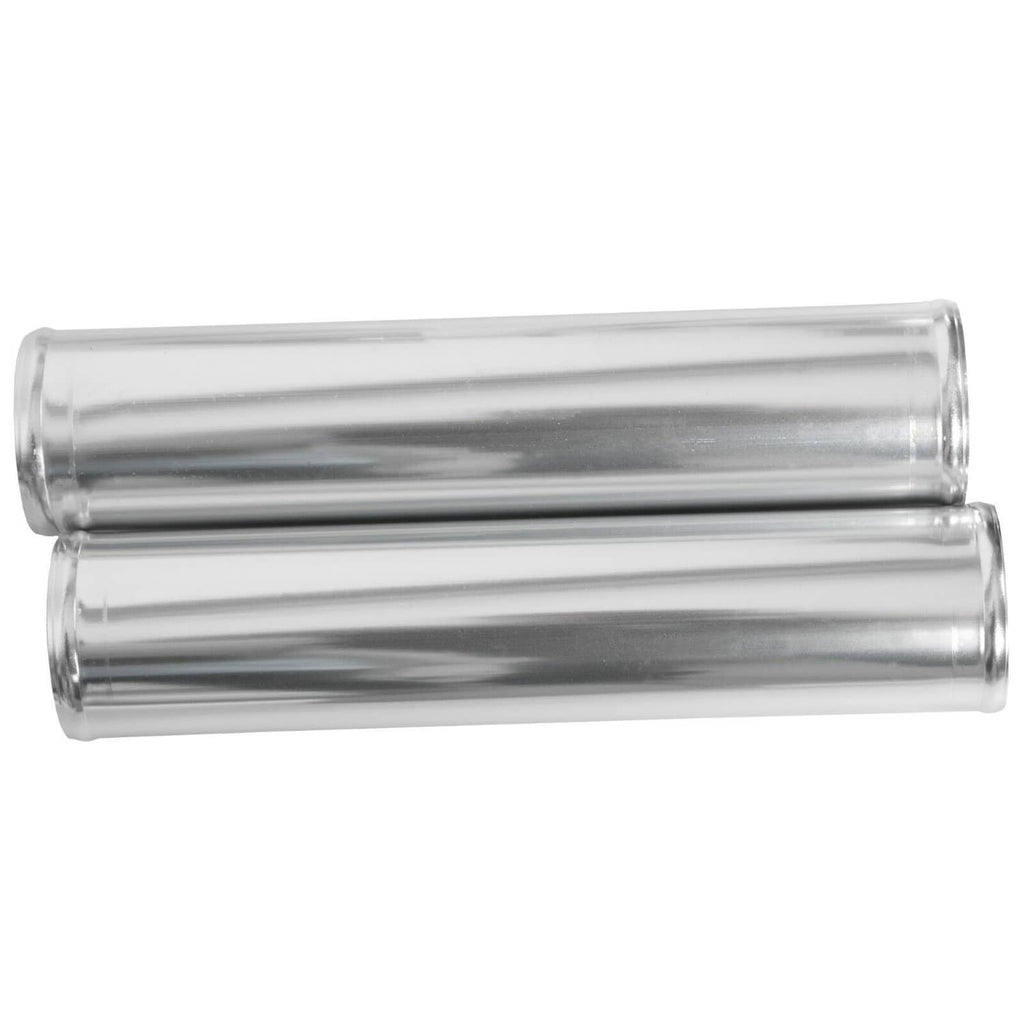 Two silver aluminum straight tubes with flanged ends