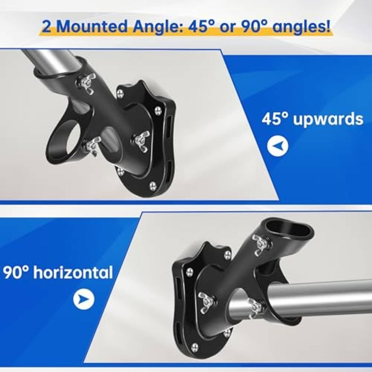 Black angle-mount bracket for flag pole, shown at 45° and 90° angles