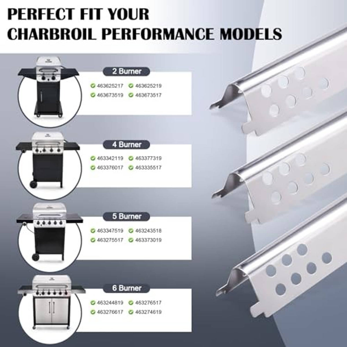 Stainless steel grill heat plate with perforated slots, replacement for Char-Broil Performance
