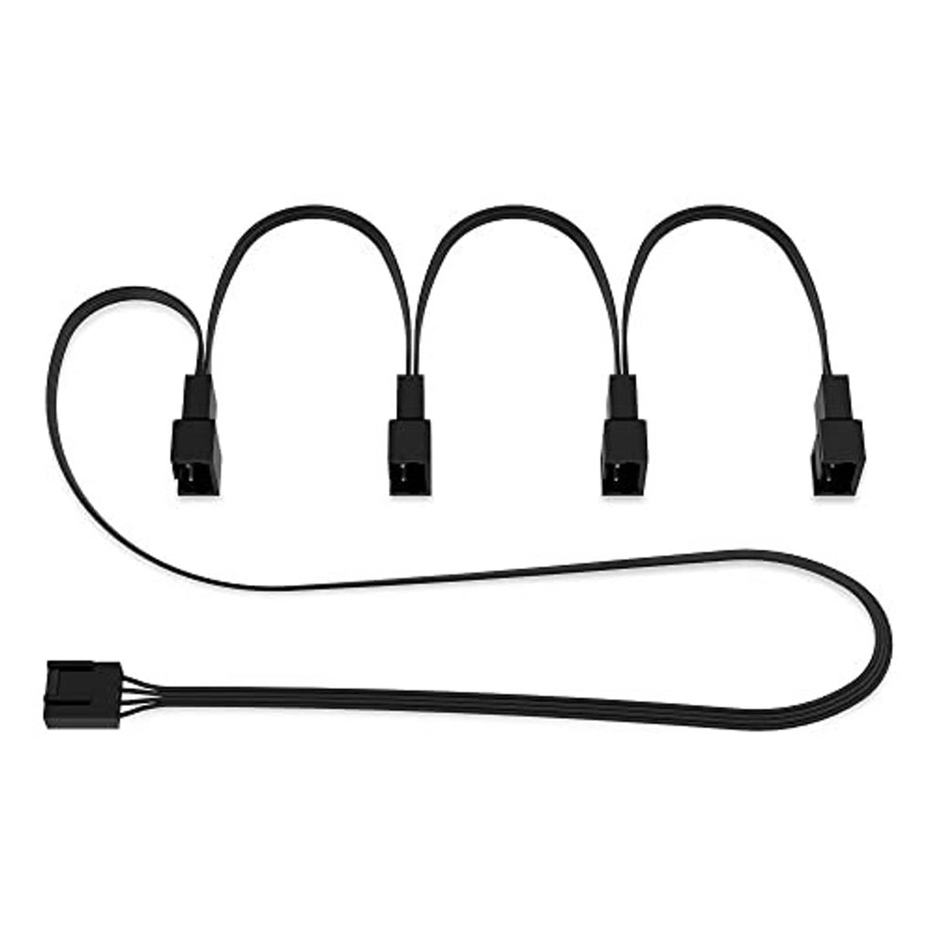4-pin PWM fan splitter extension cable, four-way split with black connectors and braided ends