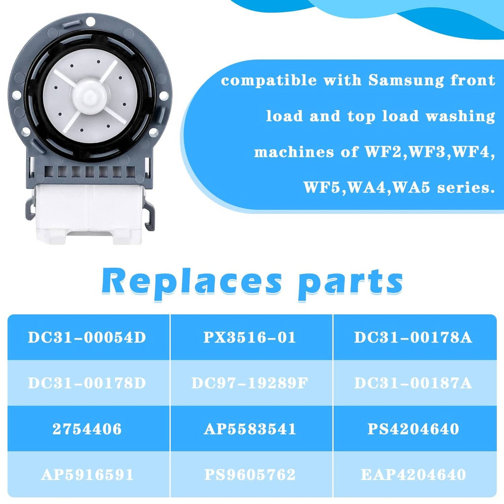 Washer drain pump showing circular impeller and mounting tabs on white base