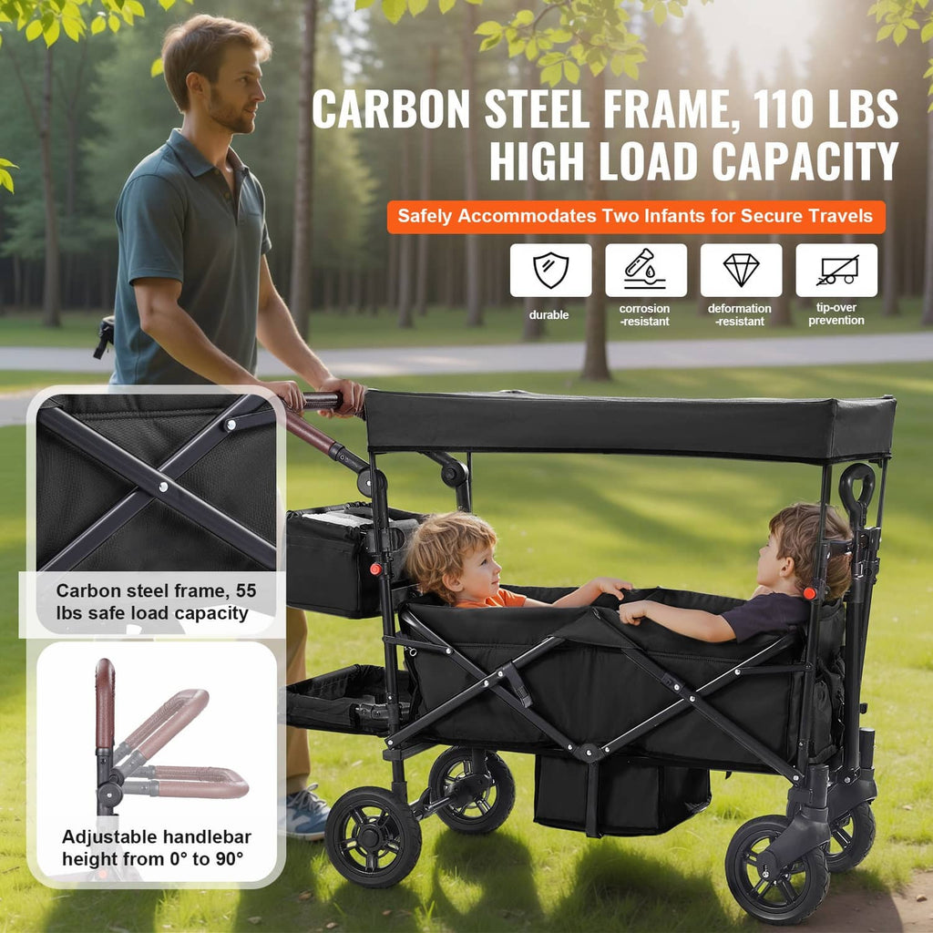 Black double stroller wagon with canopy, X-frame supports, and adjustable handlebar.
