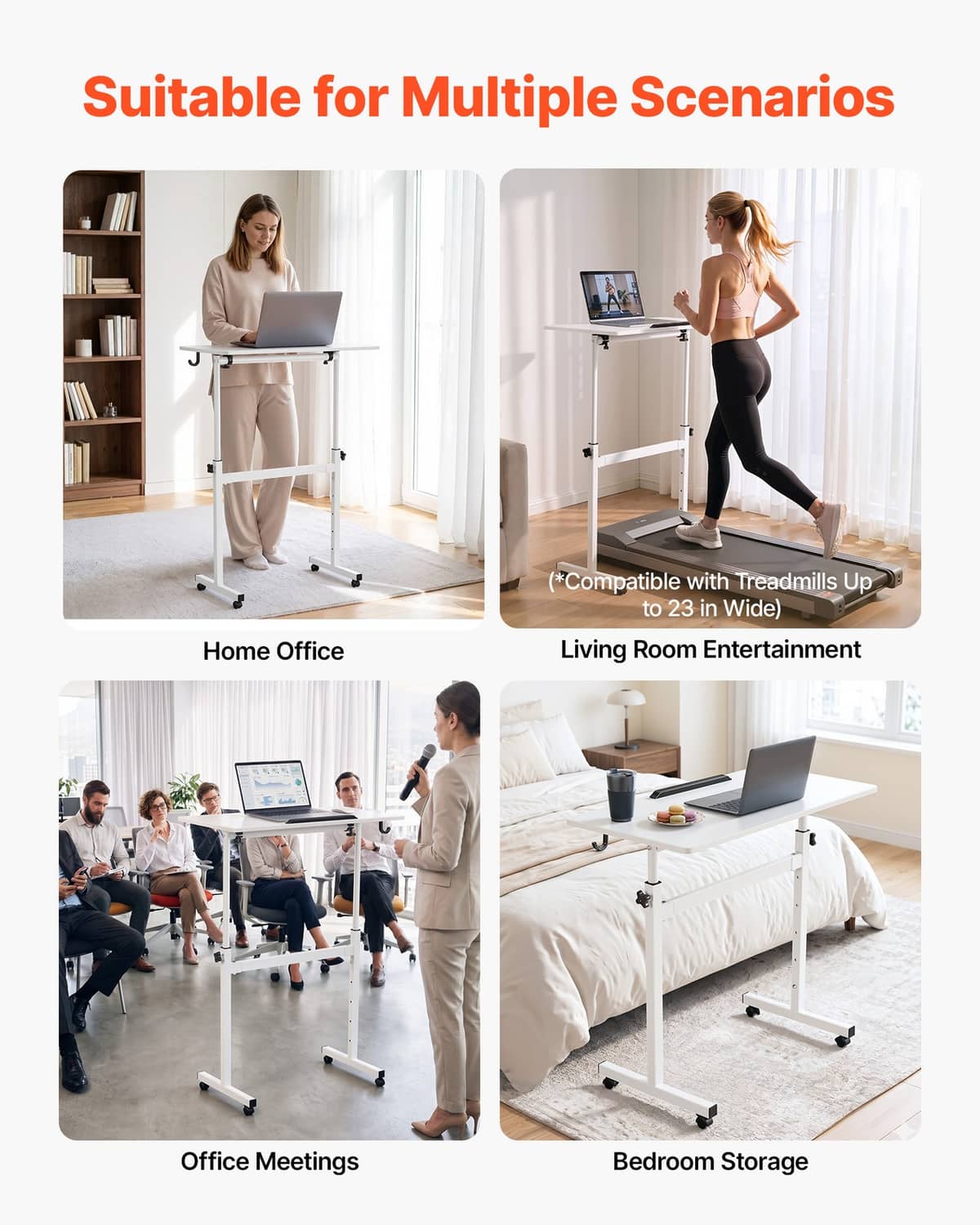 Standing desk with caster wheels suited for home office, living room, and bedroom use
