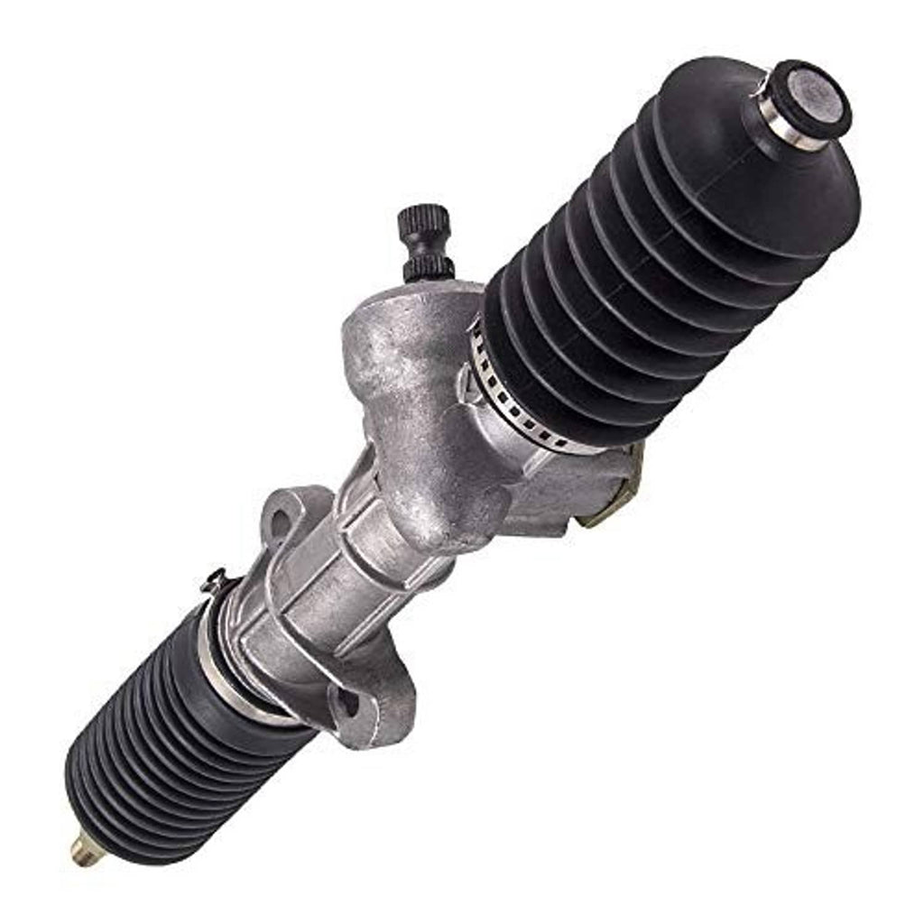 Steering gear box assembly with metal joint and two black corrugated boots