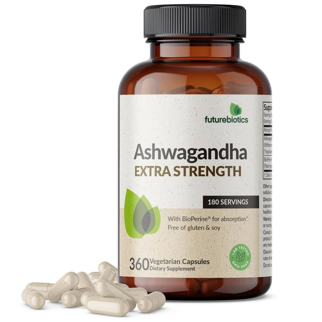 Amber Ashwagandha supplement bottle with black cap, 'Extra Strength' label, 180 servings