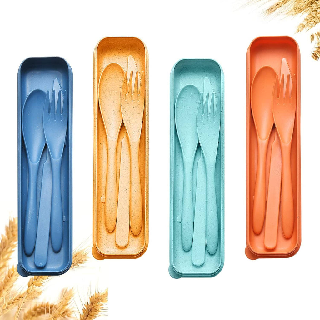 Reusable travel utensil set with case, four colored cases with fork and knife