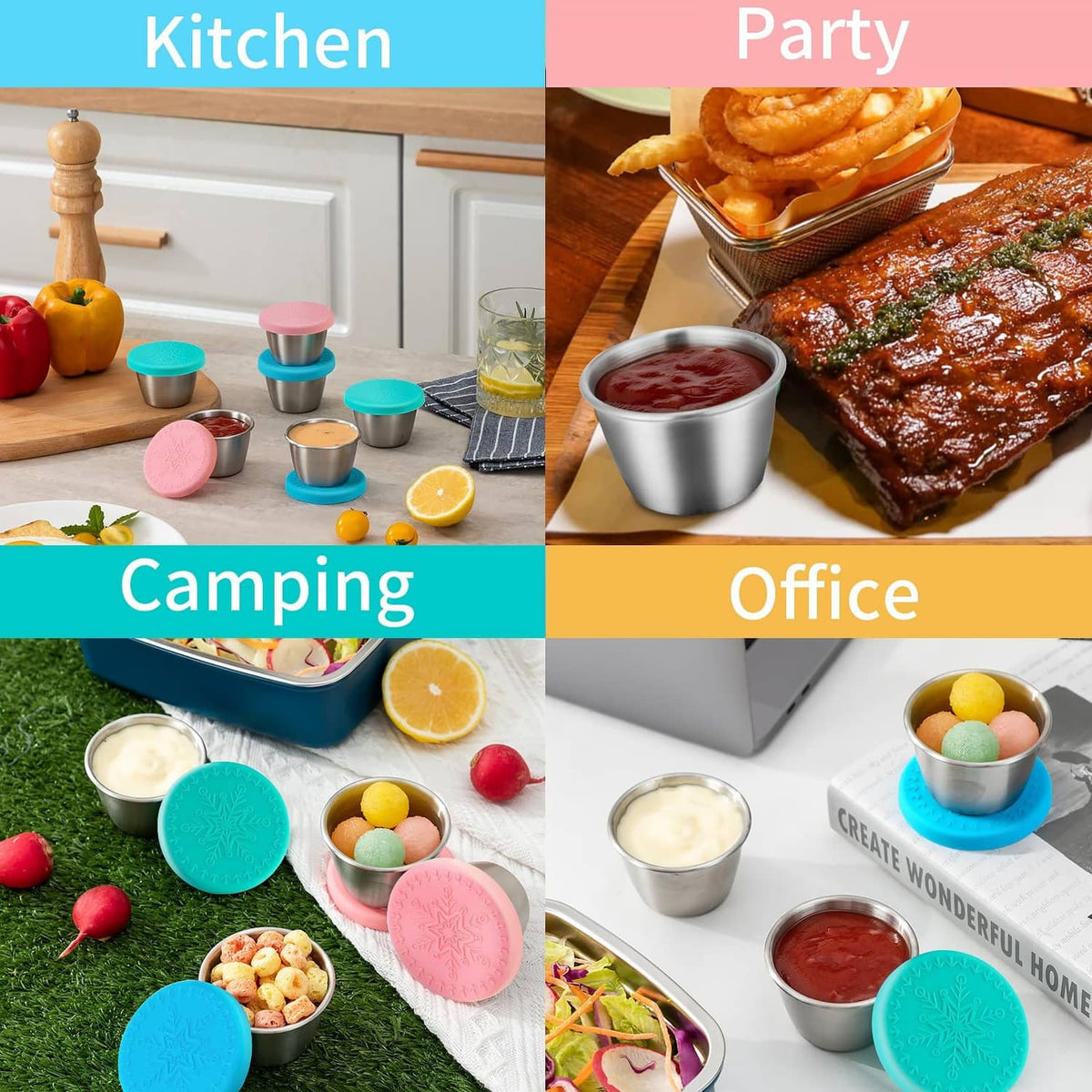 Stainless steel dressing cups with assorted silicone lids in blue, pink, and teal