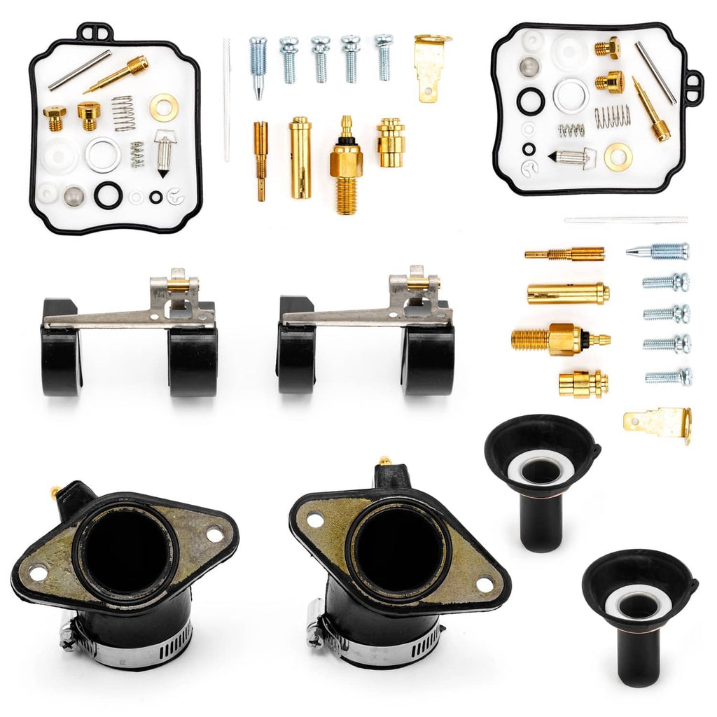 Carburetor rebuild kit with intake manifolds, brass jets, screws, and rubber gaskets