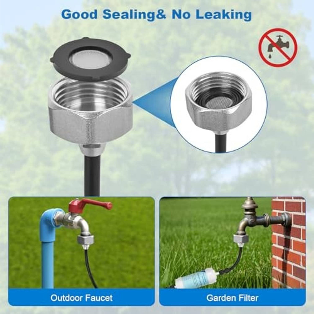 Metal threaded sealing connector for outdoor mister hose with gasket and adapter