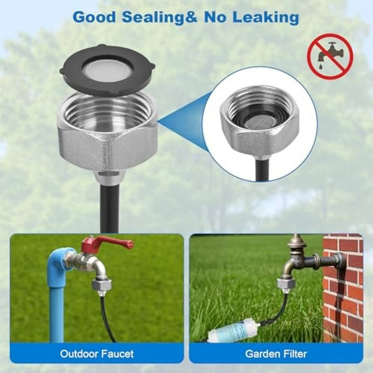 Metal threaded sealing connector for outdoor mister hose with gasket and adapter