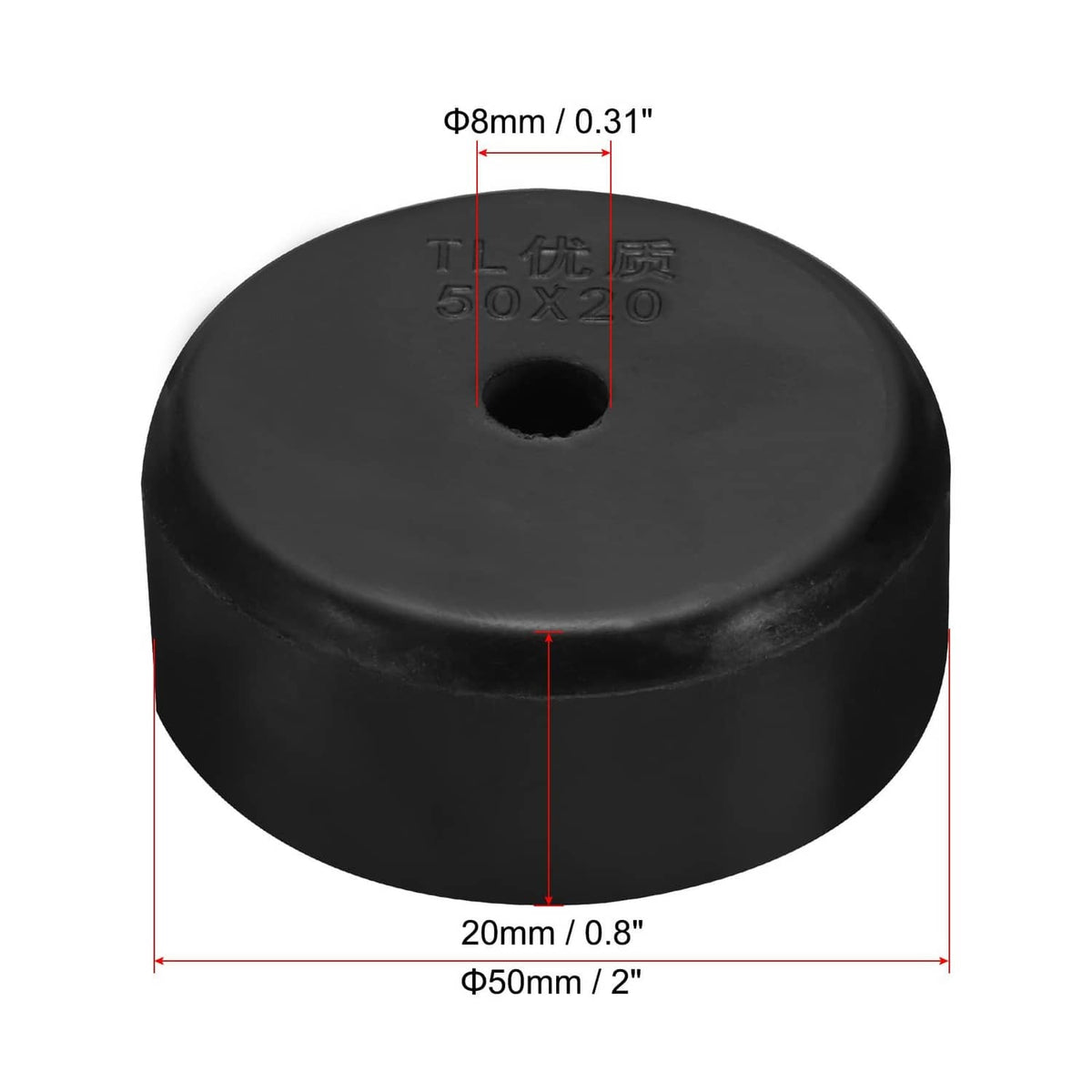 Black rubber spacer set, 50mm outer dia, 20mm height, 8mm center hole