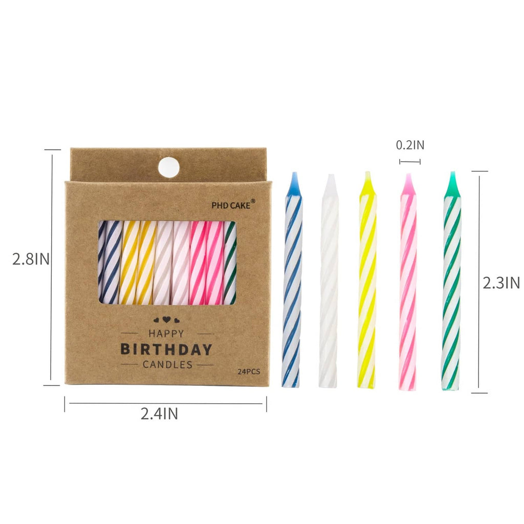 Birthday candle box with striped candles and size labels 2.3 in, 2.8 in
