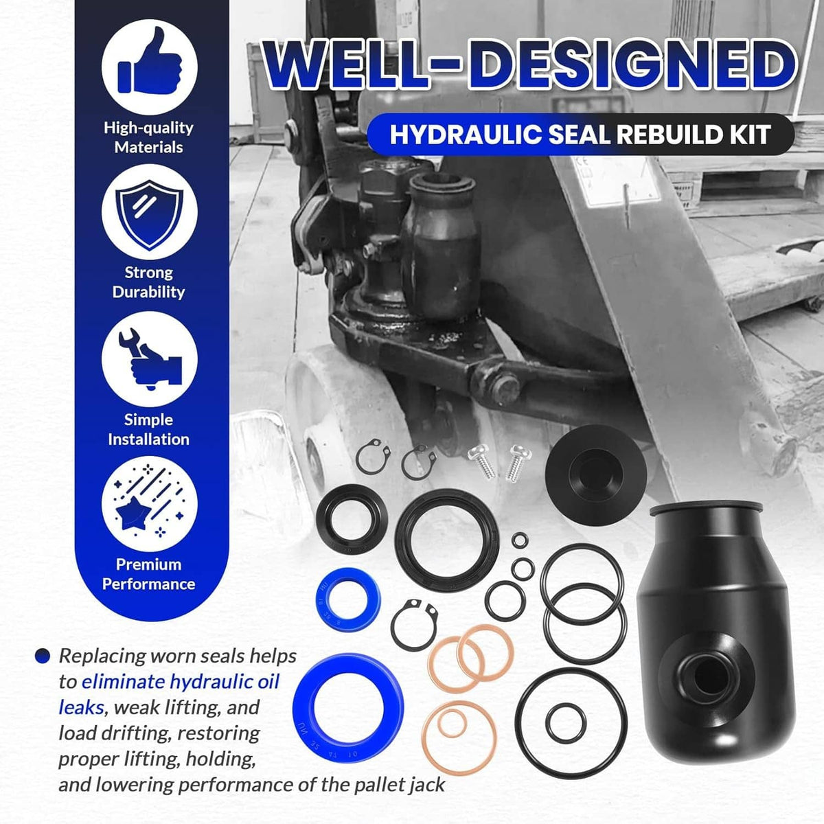 Hydraulic seal rebuild kit with black cylinder housing and mixed seal O-rings