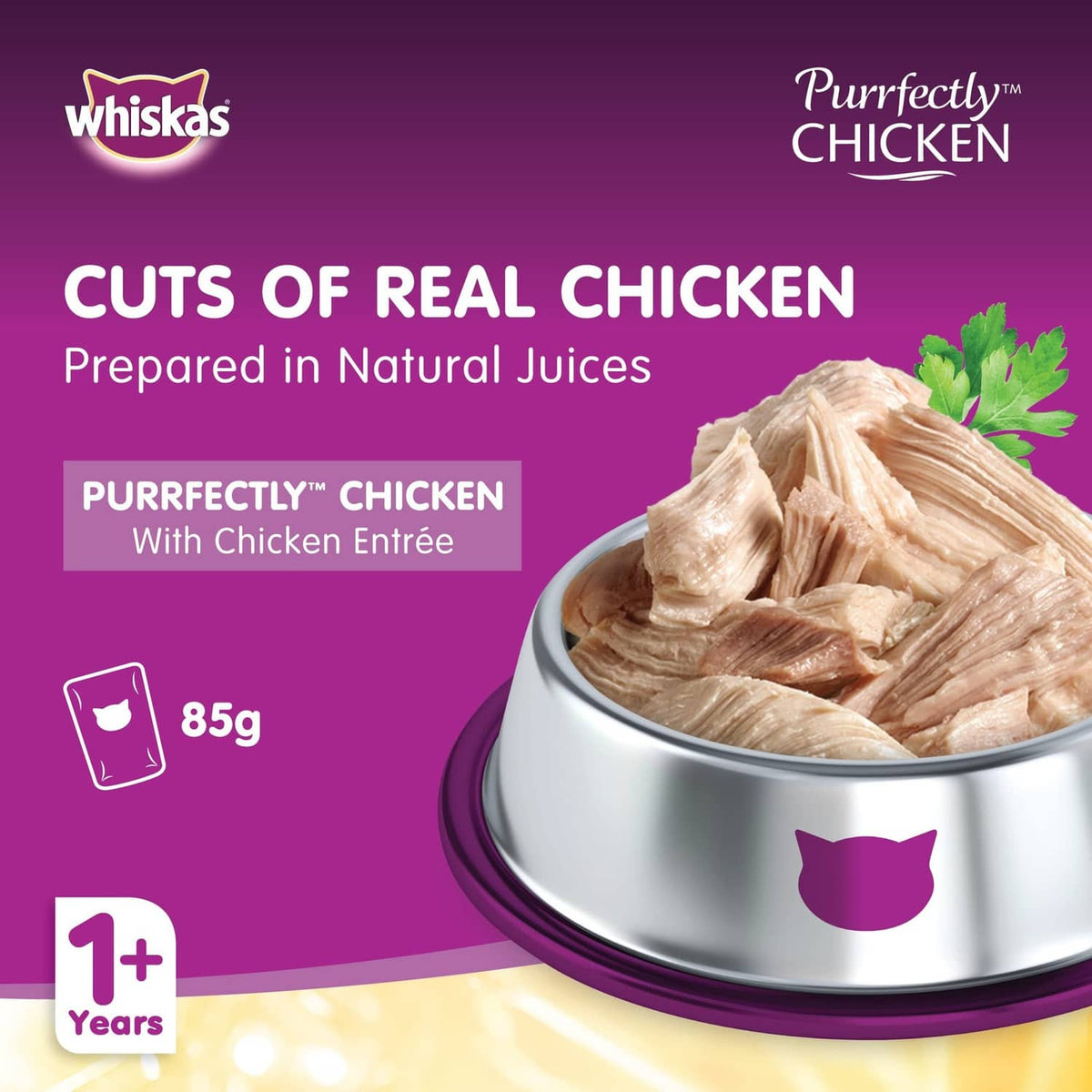 Whiskas Purrefectly Chicken cat food pouch, cuts of real chicken, 85g