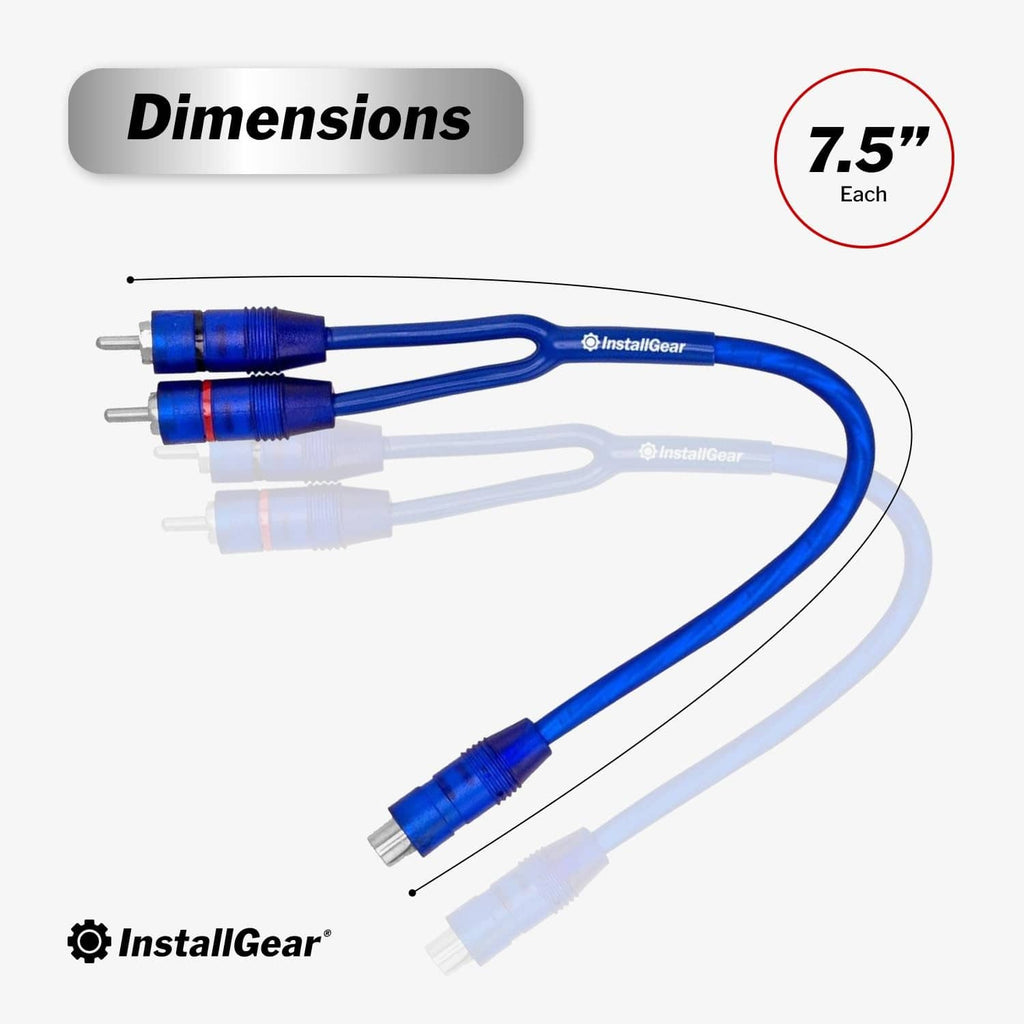 Shielded blue RCA Y-splitter cable with two stacked RCA male connectors and dual outputs
