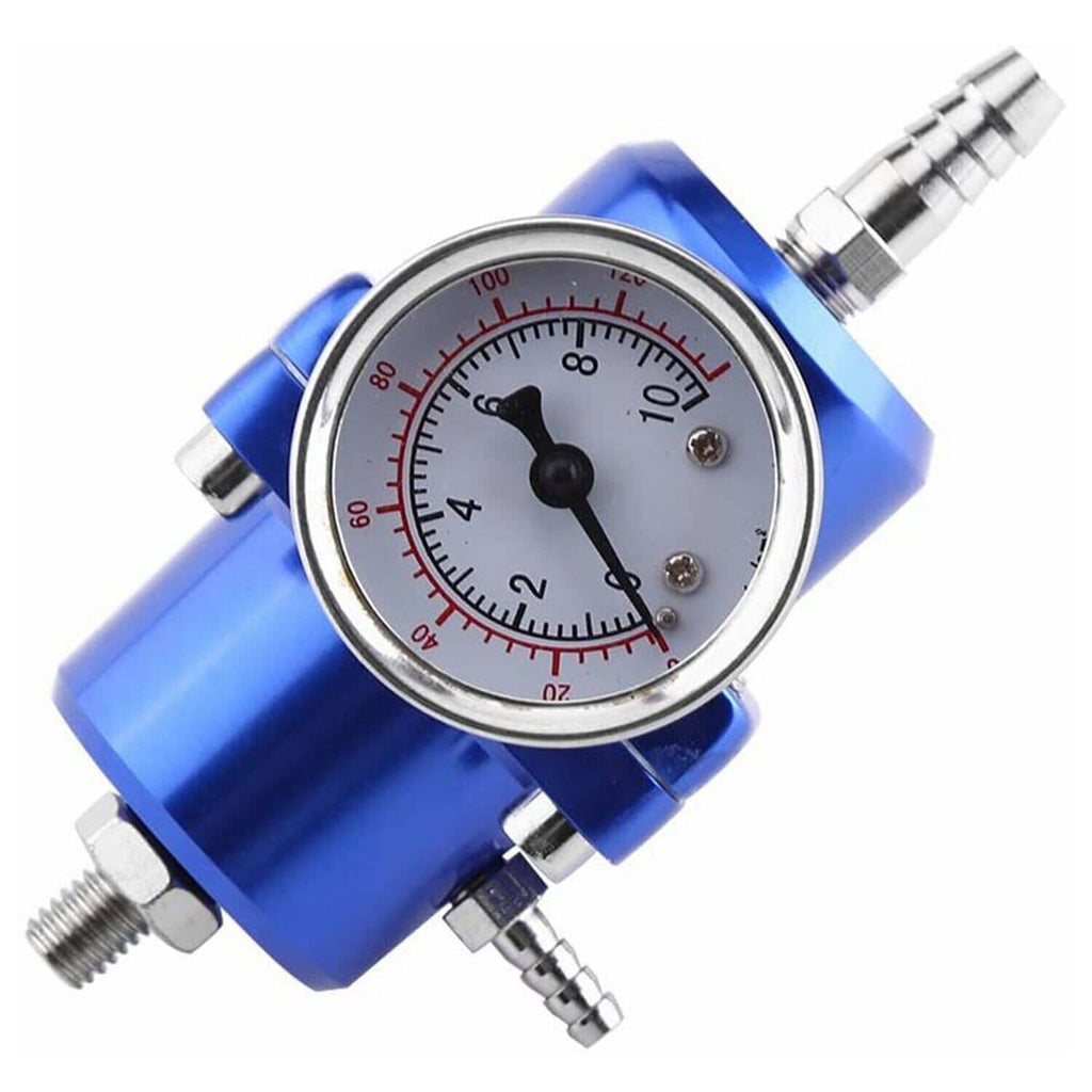 Close-up of blue fuel pressure regulator gauge with silver bezel and threaded fittings
